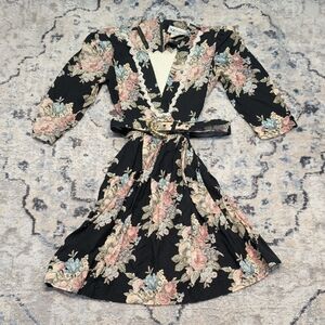 Vintage S.L. Fashions 12P Floral Belted Dress Lace Trim Made in USA 80s/90s